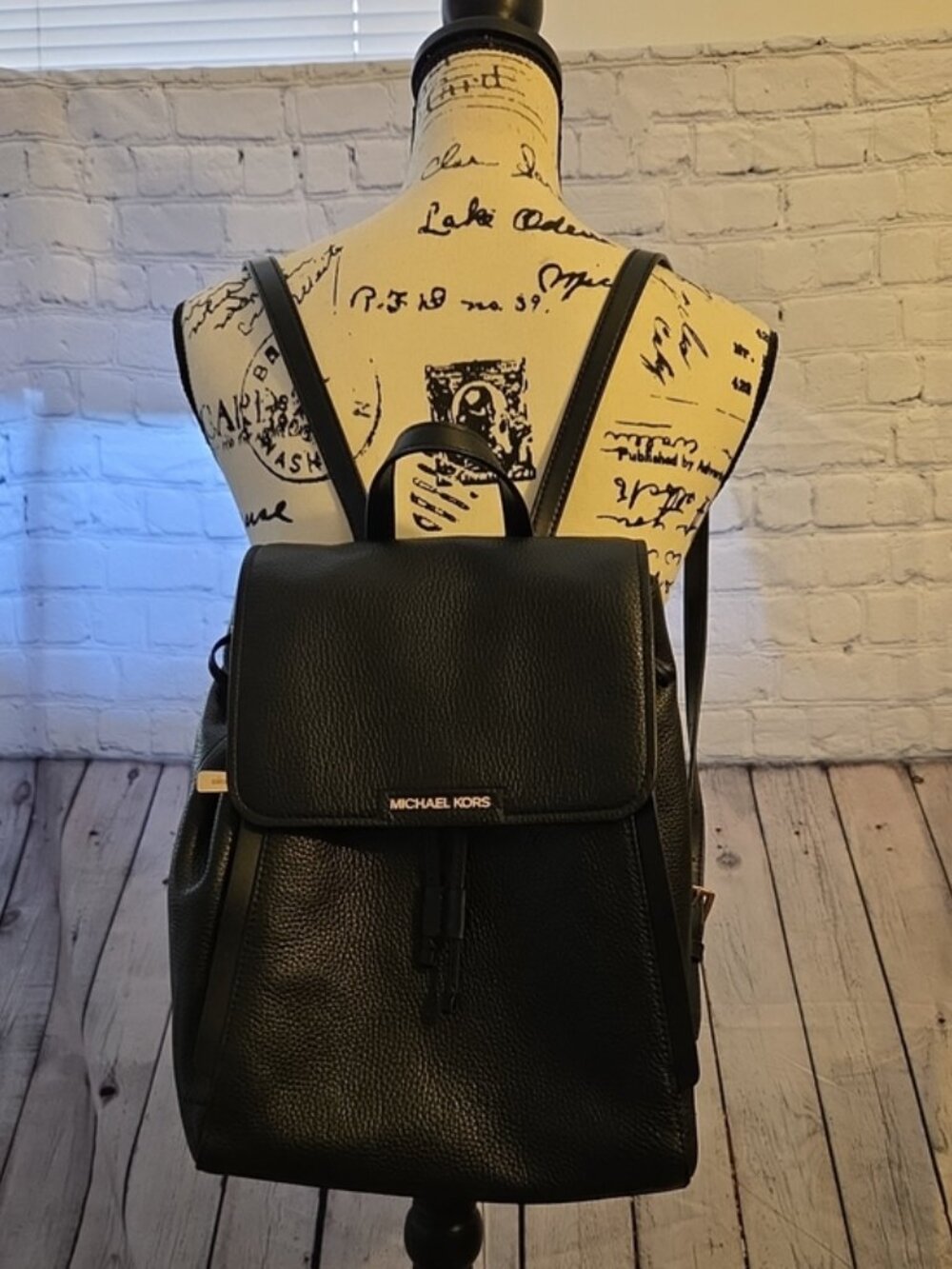 Michael Kors Black Pebbled Leather Backpack with Gold Accents